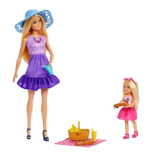 Mattel Barbie Family & Friends Sister Picnic Club Chelsea & Barbie "Malibu" Dolls & Accesories (13 cm / 29 cm)'s photo #1