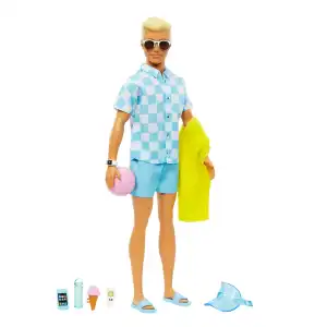 Mattel Barbie Ken Doll with Swim Trunks and Beach-Themed Accessories (30 cm) miniatura 1
