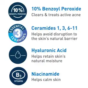 CeraVe Acne Foaming Cream Wash 10% Benzoyl Peroxide Acne Treatment Maximum Strength 150 mL (5 oz) miniatura 2